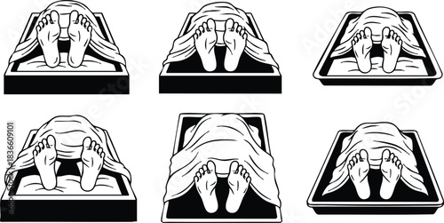 Line art icon set overhead and front views of supine human on massage table feet exposed covered by blanket six minimal black and white medical silhouettes