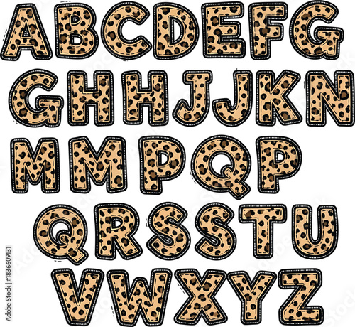 Leopard Print Alphabet Vector Set Animal Skin Font Uppercase Letters Graphic Design Elements Isolated Transparent Background