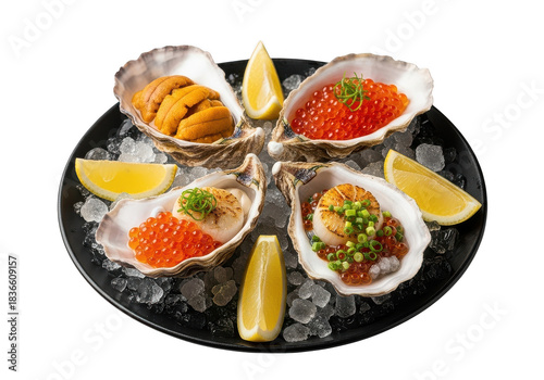 A aperitive platter of oysters with sea urchin roe and yummy scallops garnished with lemon and green onions on lots of ice on a metal tray on transparent background