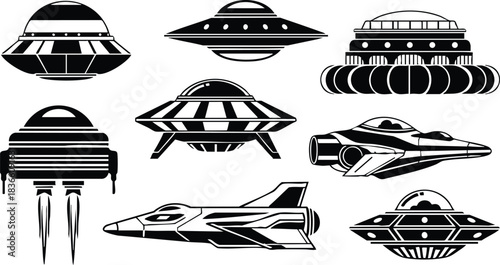 Line art spacecraft icon set various flying saucers and futuristic shuttle top view side view close up isolated silhouettes bold black and white graphic collection pack