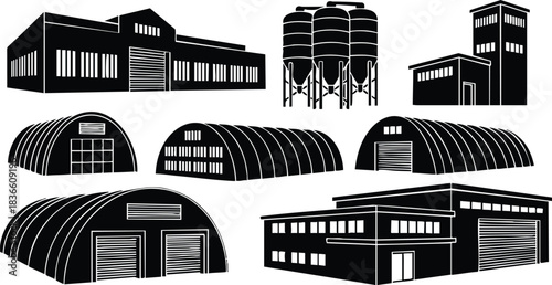 Flat design black silhouette set of industrial and agricultural buildings including silos quonset huts warehouses hangars factory tower garage doors corrugated roofs side view isolated icons