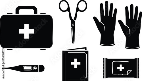 Flat design medical first aid icons set showing first aid kit scissors medical gloves thermometer medical book antiseptic wipe simple black silhouettes isolated on white background