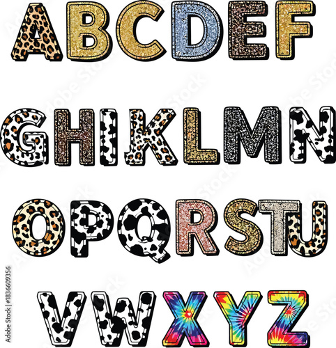 Animal Print Alphabet Set Graphic Letters with Leopard Cow Print Tie Dye Isolated Vector Illustration for Decoration Posters Banners