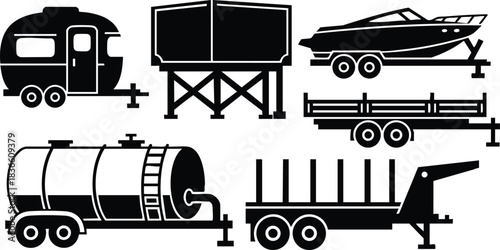 Flat icon set side view silhouette trailers and transports including caravan boat tanker flatbed container water tank and utility trailers isolated on white background vector art