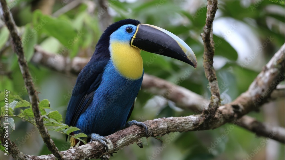 Naklejka premium Bright Toucan Perched on a Branch in a Tropical Jungle Canopy, Highlighting the Abundant Wildlife and Vibrant Colors Found in This Environment