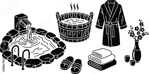 Flat design spa icon set with close up hot tub fountain wooden barrel bath robe towels slippers vase and cup arranged on white background isolated silhouette