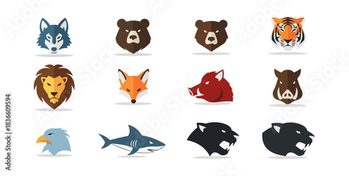 Wildlife animal head icons wolf bear tiger lion fox wild boar eagle shark