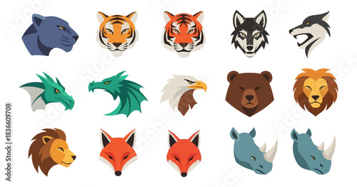 Variety of animal heads flat design illustrations