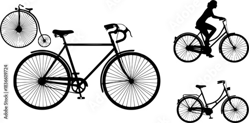 Classic bicycle silhouettes, Female bike silhouette, Vintage bicycle silhouette, Classic bicycle, Vintage bicycle, Vintage bicycle vector, Old bicycle silhouette