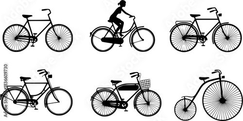 Classic bicycle silhouettes, Female bike silhouette, Vintage bicycle silhouette, Classic bicycle, Vintage bicycle, Vintage bicycle vector, Old bicycle silhouette