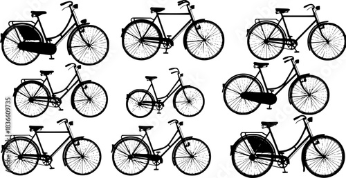 Classic bicycle silhouettes, Female bike silhouette, Vintage bicycle silhouette, Classic bicycle, Vintage bicycle, Vintage bicycle vector, Old bicycle silhouette