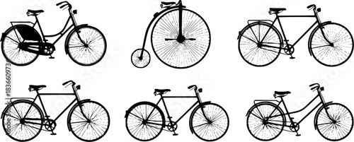 Classic bicycle silhouettes, Female bike silhouette, Vintage bicycle silhouette, Classic bicycle, Vintage bicycle, Vintage bicycle vector, Old bicycle silhouette