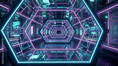 Abstract Cyberspace Journey: A Neon-Lit Hexagonal Tunnel Exploration through Futuristic Architecture