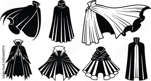 Silhouette vector sheet showing seven hooded capes and cloaks in varied hem styles front and three quarter views flowing folds studio white background flat design reference