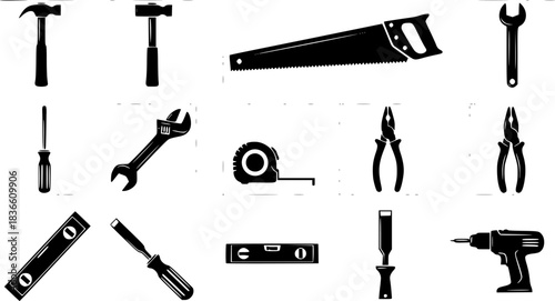 Carpenter tools silhouette, Carpenter tools, Wooden work tools silhouette, Carpenter silhouettes, Carpentry tools, Tools silhouette, Carpenter tools vector illustration