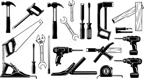 Carpenter tools silhouette, Carpenter tools, Wooden work tools silhouette, Carpenter silhouettes, Carpentry tools, Tools silhouette, Carpenter tools vector illustration