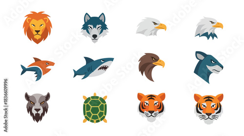 Set of various animal head illustrations graphic design elements
