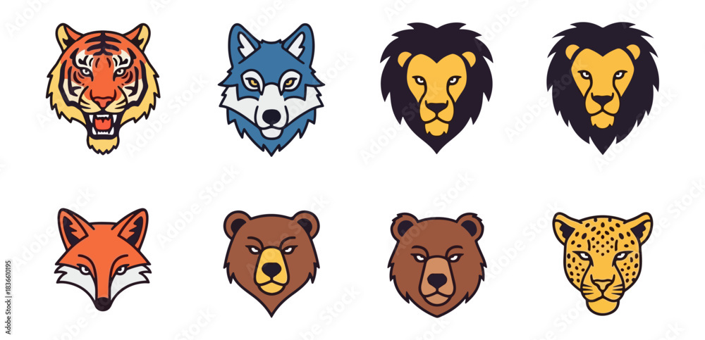 Fototapeta premium Animal heads set vector illustrations wildlife design elements isolated