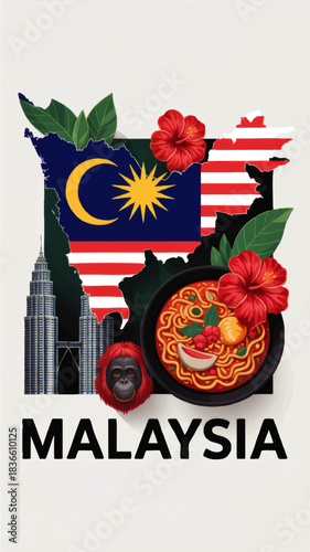 Malaysia travel illustration with national flag map, hibiscus flowers, Petronas Towers, orangutan and traditional noodle food bowl