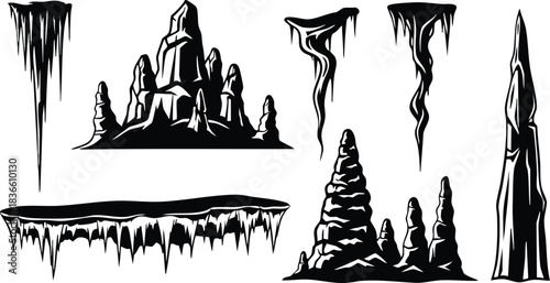 Line art close up cave formations with stalactites and stalagmites floating rock platform and tall spire silhouettes isolated on white high contrast vector illustration dramatic shadows