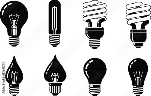 Flat design black and white light bulb icon set showing eight distinct bulb silhouettes including spiral cfl teardrop and classic incandescent on white background isolated icons