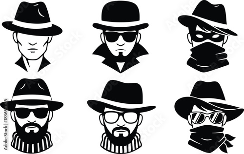Flat design close up set of six mystery man avatars wearing fedora hats sunglasses scarves beards and high collars black and white vector icon silhouettes bold