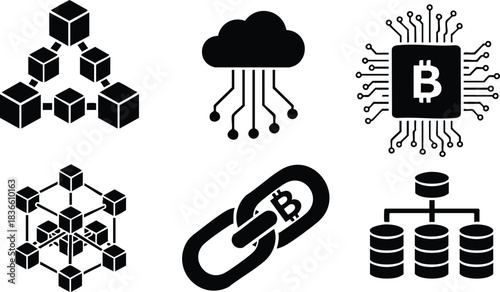 Flat icon set showcasing close up blockchain bitcoin chip cloud nodes chain and database stack in minimal black glyph style for fintech web app interface dashboard