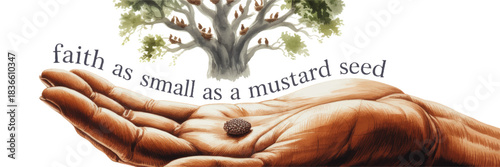 Christian illustration faith as small as a mustard seed, open hands holding mustard seed, tree of life, inspirational Bible art