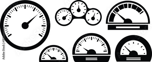 Flat design cluster of black speedometer and gauge vector icons showing different dial angles and needle positions in horizontal layout bold silhouette icon set technical dashboard