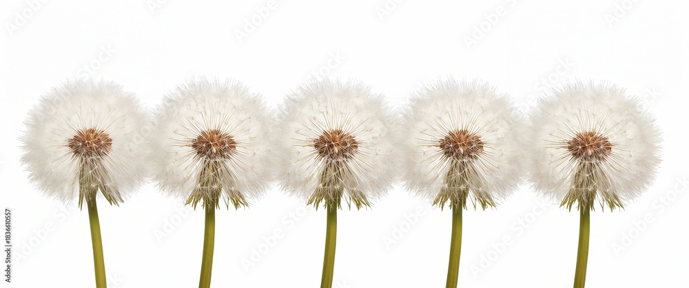 Obraz premium Row of dandelions, their fluffy seed heads poised for dispersal, against stark white backdrop.