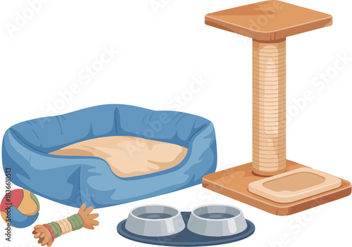 Pet supplies including cat tower scratching post bed bowl toy and more vector graphic illustration