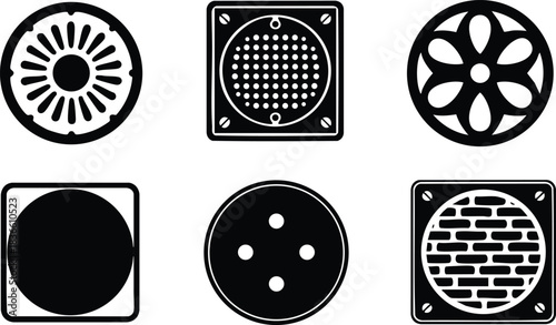 Flat design six circular speaker grille icons set close up top view arranged in two rows black and white high contrast simple vector graphic resource collection