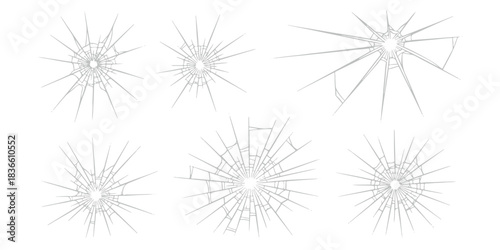 Shattered glass texture set broken window bullet hole impact graphic element.