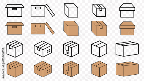 Collection of cardboard box icons in various styles and perspectives on transparent background package