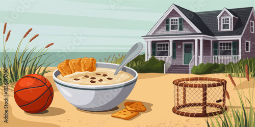 Cozy beach house breakfast illustration with cereal bowl, basketball and summer coastal landscape in front yard