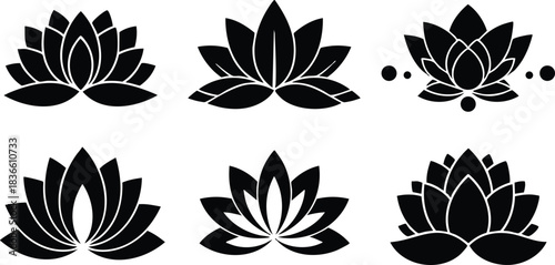 Flat vector lotus icon set six black silhouette variations petal arrangement top view and side view minimalist spa logo and wellness emblem simple symmetrical badge centered