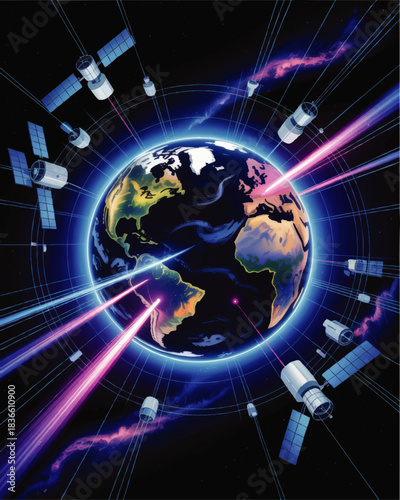 Futuristic satellite network orbiting Earth with neon data beams, global communication technology in deep space illustration
