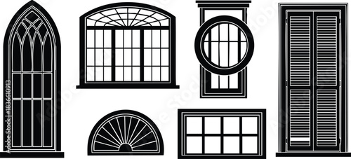 Line art vector set of six distinct window silhouettes showing gothic arched fanlight circular shutter and rectangular paneled designs isolated on white background minimal monochrome style