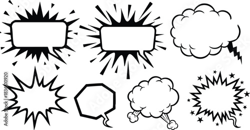 Comic style bold black speech bursts and explosion frames set multiple comic bubbles with starburst cloud thought and jagged lightning vector icons isolated on white background