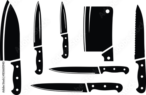 Flat design collection of kitchen knives chef knife cleaver paring carving and utility blades arranged in top view bold silhouette black on white isolated vector set