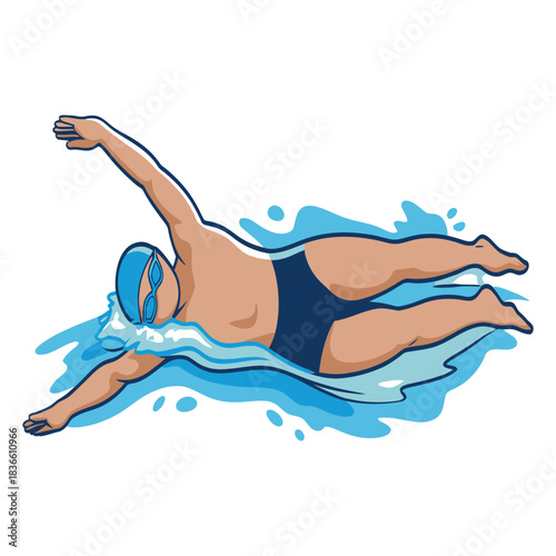 Athlete swimming freestyle stroke in blue water