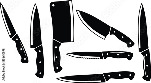 Silhouette flat design spread of seven kitchen knives including cleaver chef knife paring knife carving knife arranged top view on white background bold graphic minimal isolated