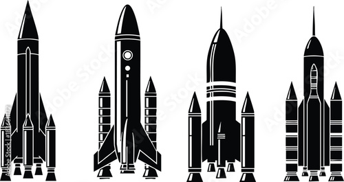 Flat vector rocket silhouette front view close up lineup four rockets pointed nose cones visible fins side boosters high contrast black and white minimal icon set
