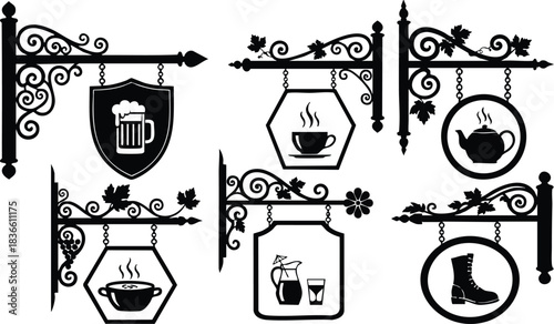 Silhouette vector set of ornate hanging shop signs with beer mug coffee cup teapot soup bowl milk bottle and boot on decorative wrought iron brackets collection