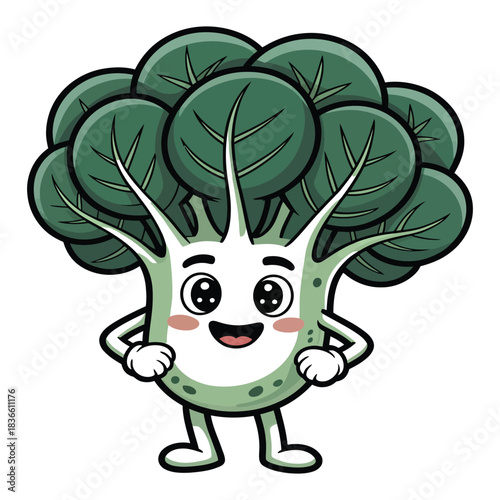 Cute cartoon broccoli character with big eyes and smiling face