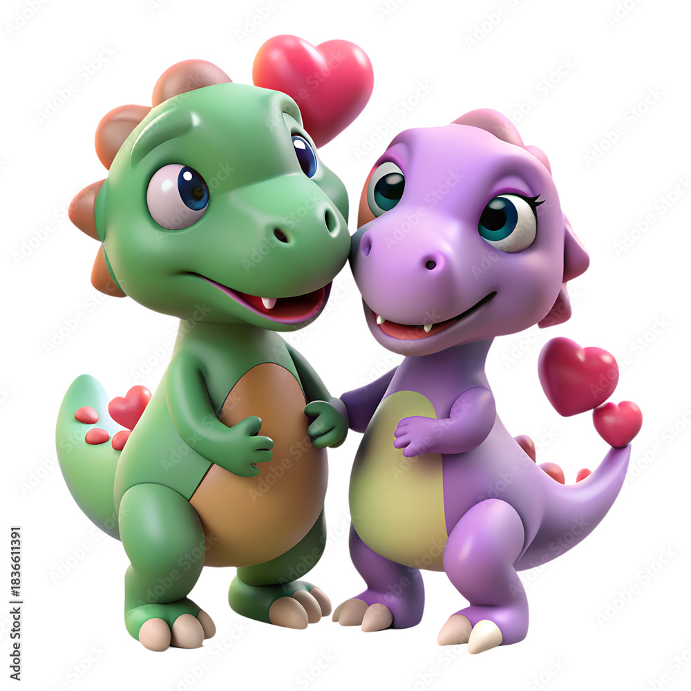Naklejka premium Cute 3D Dinosaur Couple Romantic Moment