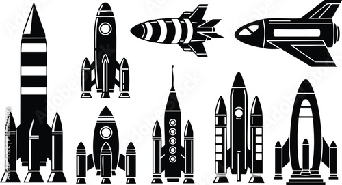 Flat design retro rocket icon set varied rocket silhouettes side view front view top view booster shuttle missile classic space theme black and white vector art