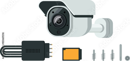 Security camera system with cable and connector, illustration of cctv equipment, surveillance for outdoor or indoor, video control