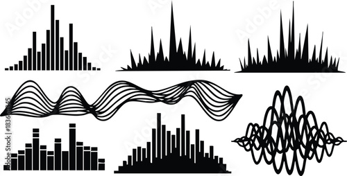 Line art vector set showing audio and data waveforms multiple histogram equalizer and sine wave variations isolated on white background close up top view minimal monochrome