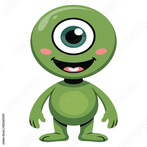 Cute green cyclops monster with big smile and rosy cheeks